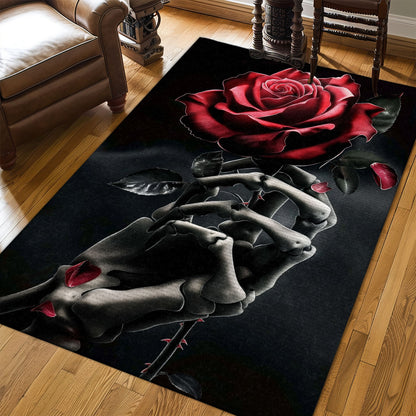 Add Personality to Your Floors with a Handbone and Rose Sugar Skull Print Rug, Skull Rug, Area Rugs 5x8, 4x6, 3x5 Size for Living Room Bedroom Home Decorative Skull K24