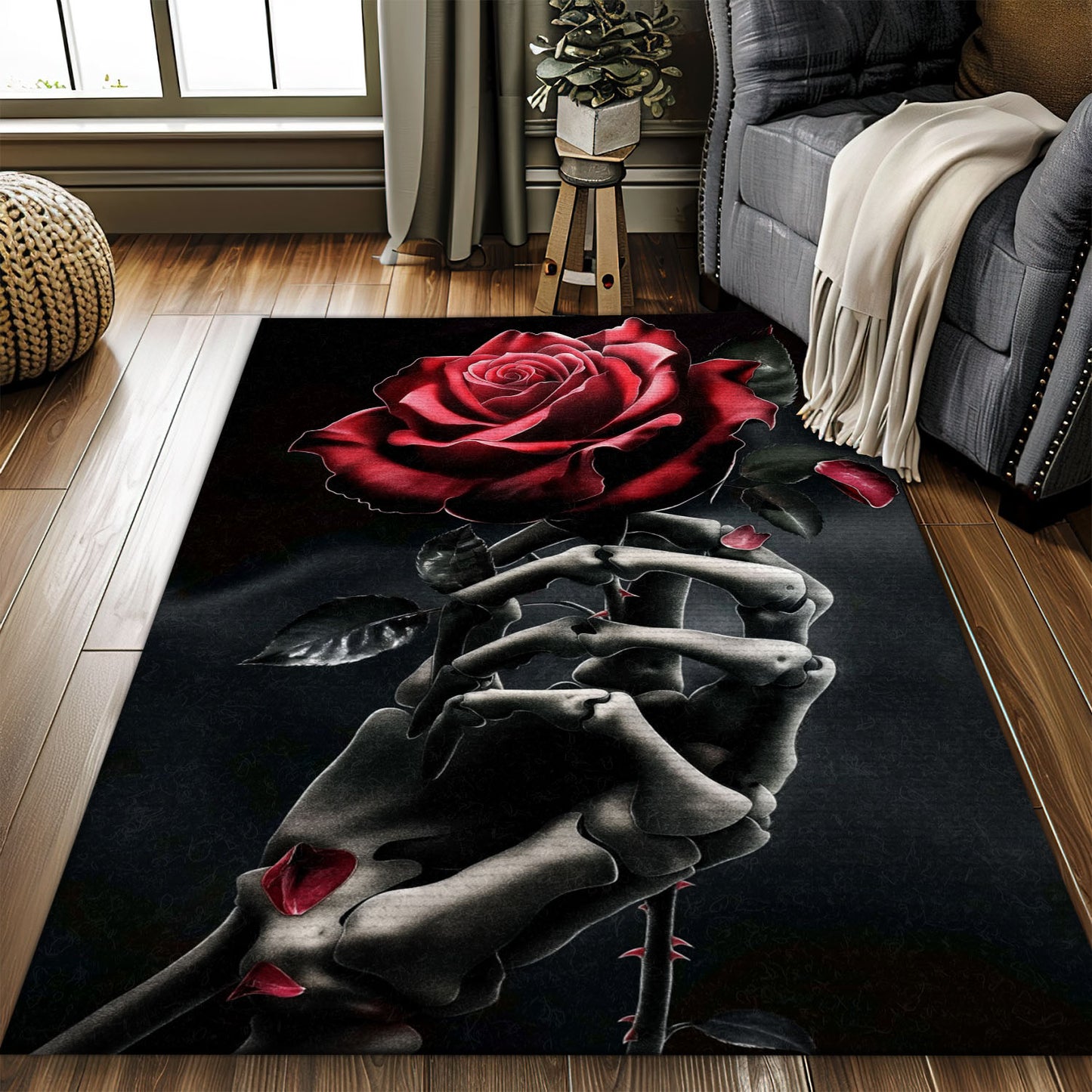 Add Personality to Your Floors with a Handbone and Rose Sugar Skull Print Rug, Skull Rug, Area Rugs 5x8, 4x6, 3x5 Size for Living Room Bedroom Home Decorative Skull K24