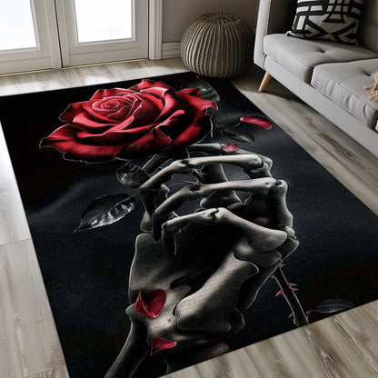 Add Personality to Your Floors with a Handbone and Rose Sugar Skull Print Rug, Skull Rug, Area Rugs 5x8, 4x6, 3x5 Size for Living Room Bedroom Home Decorative Skull K24