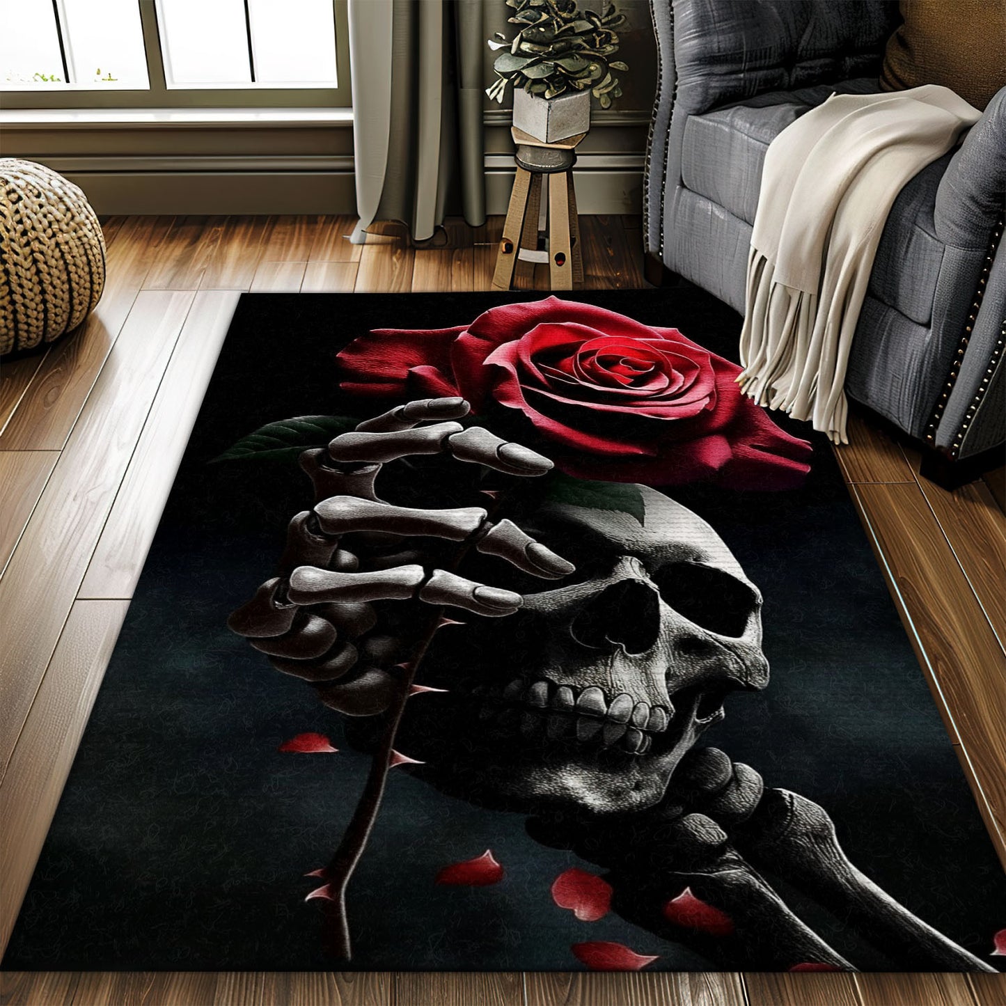 Eye-Catching Accent for Your Living Space: Colorful Skull and Rose Pattern Area Rug, Skull Rug, Area Rugs 5x8, 4x6, 3x5 Size for Living Room Bedroom Home Decorative Skull K23