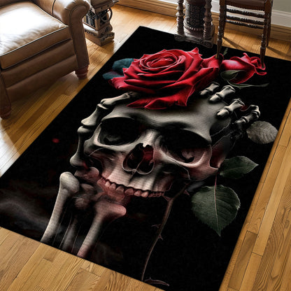 Accentuate Your Living Room Decor with a Handbone and Rose Skull Print Rug, Skull Rug, Area Rugs 5x8, 4x6, 3x5 Size for Living Room Bedroom Home Decorative Skull K19