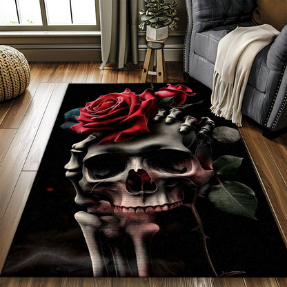 Accentuate Your Living Room Decor with a Handbone and Rose Skull Print Rug, Skull Rug, Area Rugs 5x8, 4x6, 3x5 Size for Living Room Bedroom Home Decorative Skull K19