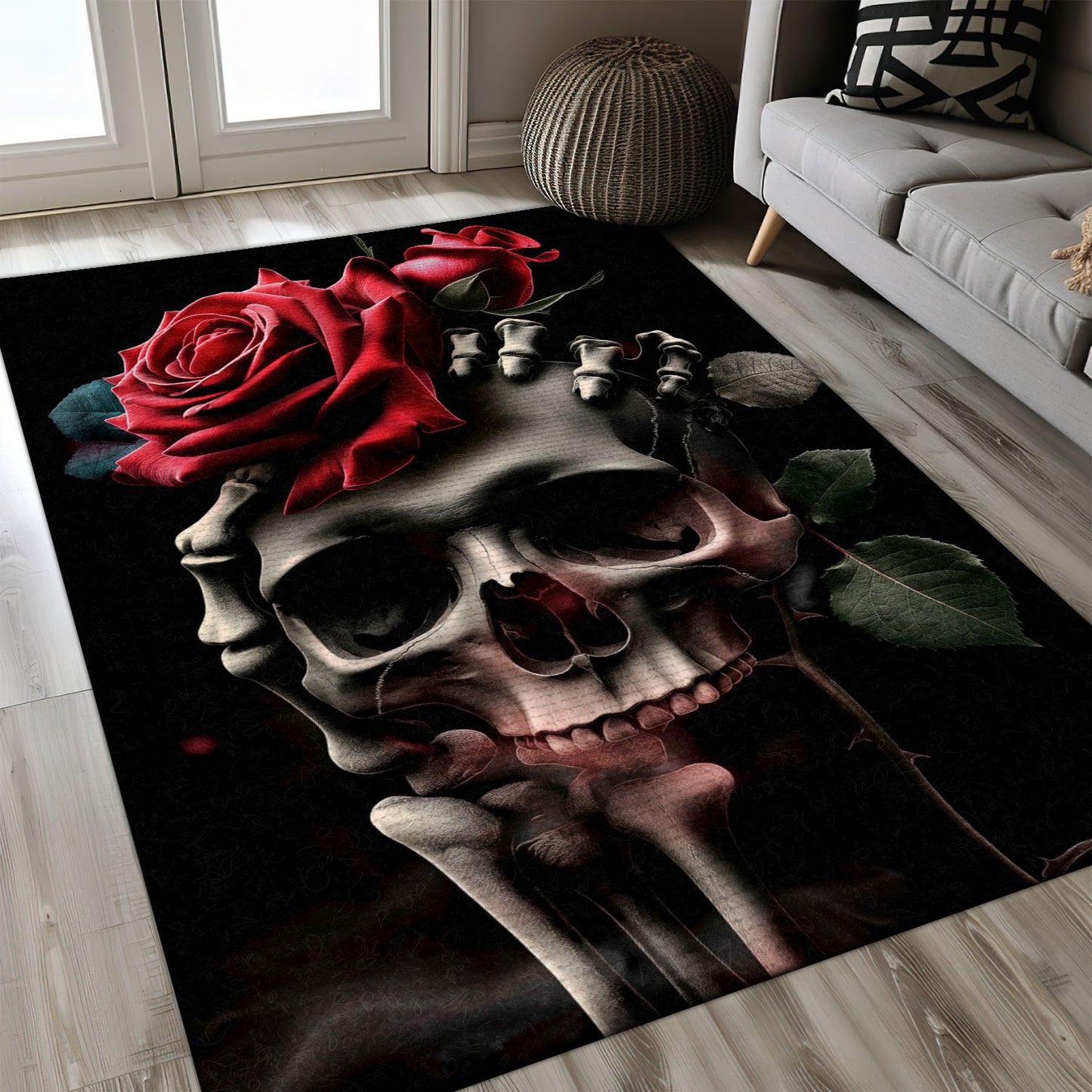 Accentuate Your Living Room Decor with a Handbone and Rose Skull Print Rug, Skull Rug, Area Rugs 5x8, 4x6, 3x5 Size for Living Room Bedroom Home Decorative Skull K19