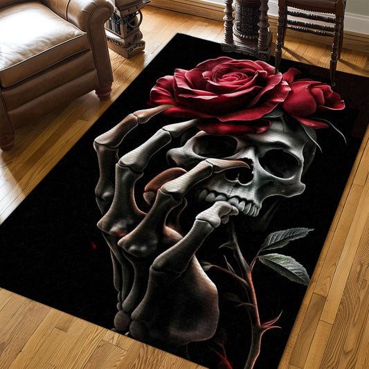 Transform Your Bedroom Living Room with Gothic Flair: Skull and Rose Motif Rug, Skull Rug, Area Rugs 5x8, 4x6, 3x5 Size for Living Room Bedroom Home Decorative Skull K29