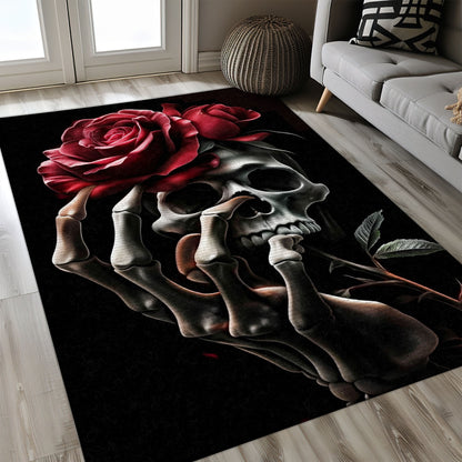 Transform Your Bedroom Living Room with Gothic Flair: Skull and Rose Motif Rug, Skull Rug, Area Rugs 5x8, 4x6, 3x5 Size for Living Room Bedroom Home Decorative Skull K29