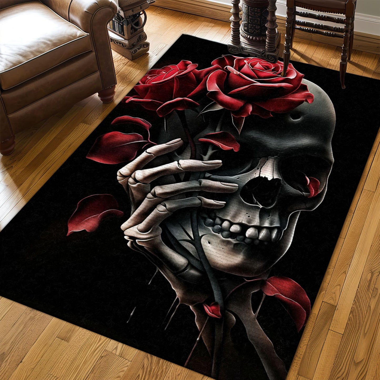 Add Drama to Your Living Space with a Vibrant Skull and Rose Design Rug, Skull Rug, Area Rugs 5x8, 4x6, 3x5 Size for Living Room Bedroom Home Decorative Skull K16