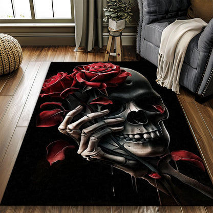 Add Drama to Your Living Space with a Vibrant Skull and Rose Design Rug, Skull Rug, Area Rugs 5x8, 4x6, 3x5 Size for Living Room Bedroom Home Decorative Skull K16