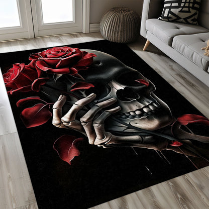 Add Drama to Your Living Space with a Vibrant Skull and Rose Design Rug, Skull Rug, Area Rugs 5x8, 4x6, 3x5 Size for Living Room Bedroom Home Decorative Skull K16