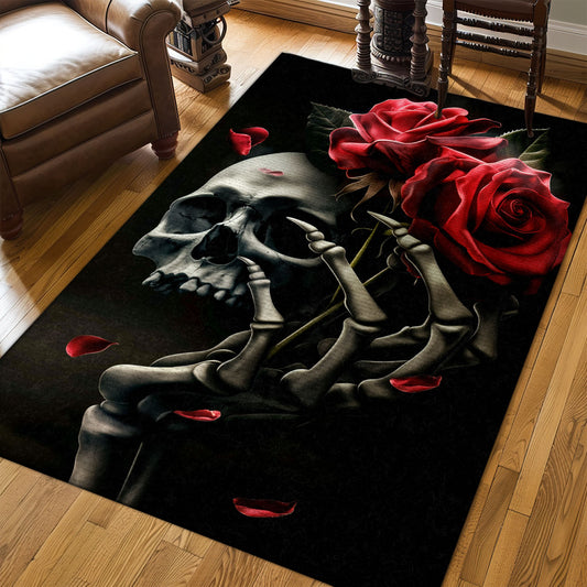 Infuse Your Space with Gothic Charm with a Skull and Rose Print Area Rug, Skull Rug, Area Rugs 5x8, 4x6, 3x5 Size for Living Room Bedroom Home Decorative Skull K14