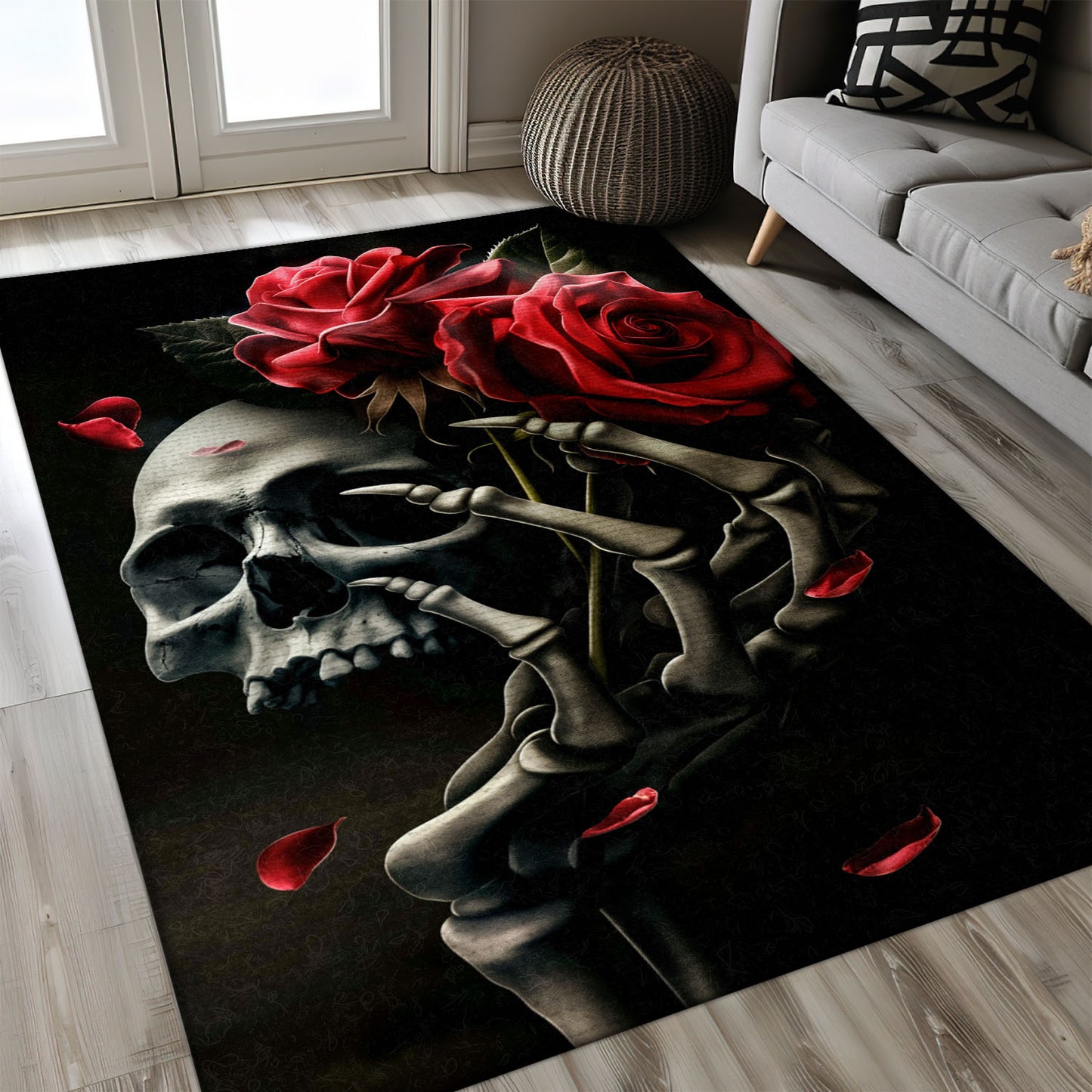 Infuse Your Space with Gothic Charm with a Skull and Rose Print Area Rug, Skull Rug, Area Rugs 5x8, 4x6, 3x5 Size for Living Room Bedroom Home Decorative Skull K14