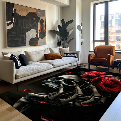 Infuse Your Space with Gothic Charm with a Skull and Rose Print Area Rug, Skull Rug, Area Rugs 5x8, 4x6, 3x5 Size for Living Room Bedroom Home Decorative Skull K14