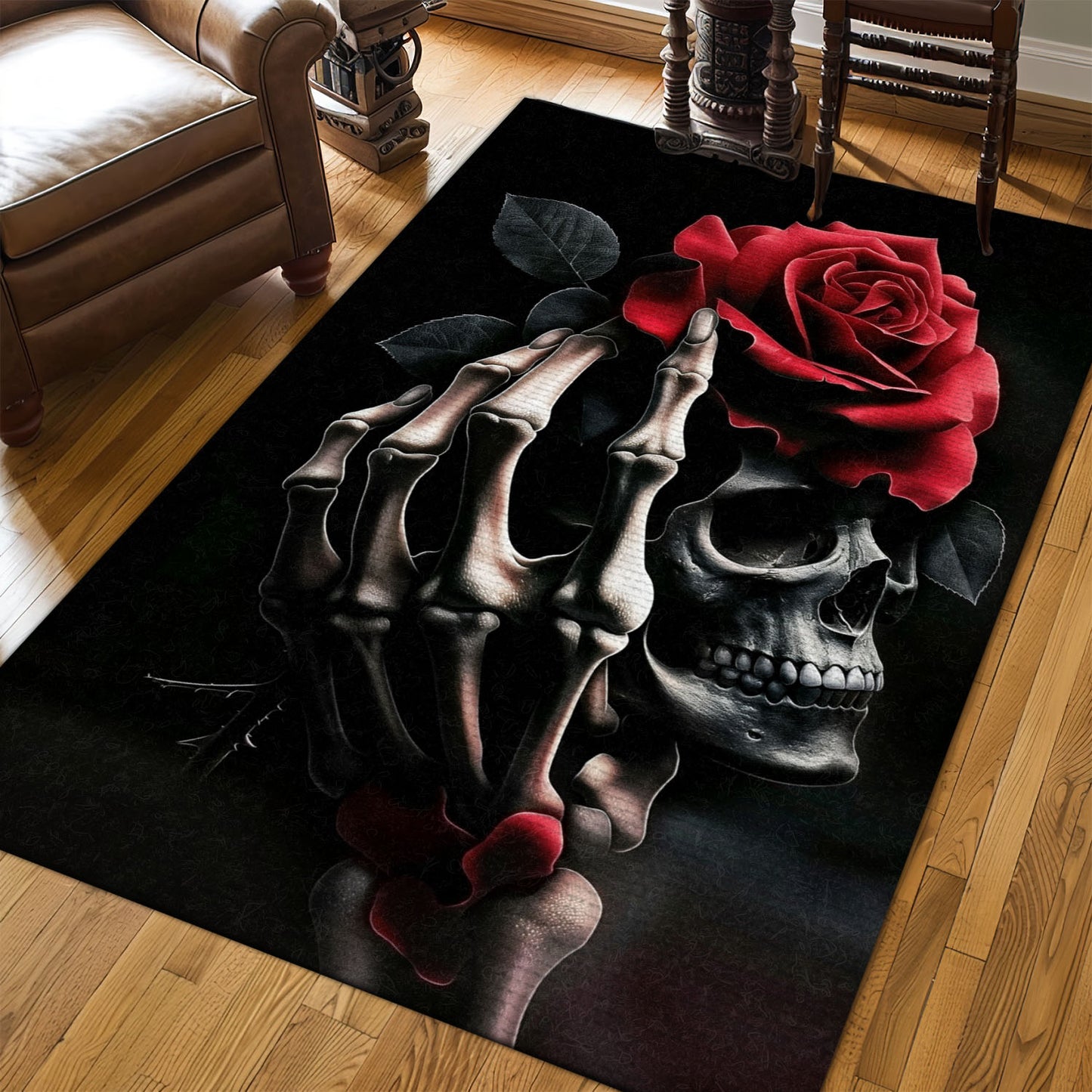 Create a Bold Look in Your Home with a Handbone and Floral Skull Theme Rug, Skull Rug, Area Rugs 5x8, 4x6, 3x5 Size for Living Room Bedroom Home Decorative Skull K13