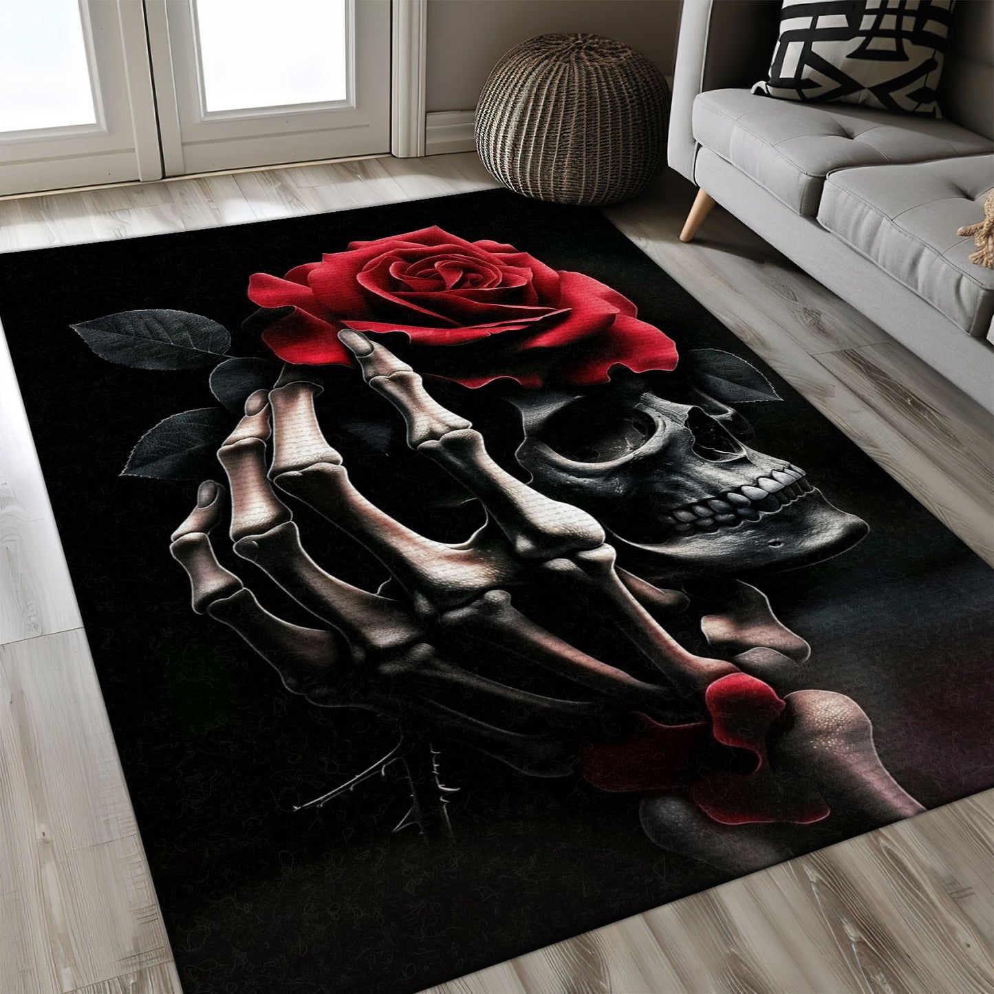 Create a Bold Look in Your Home with a Handbone and Floral Skull Theme Rug, Skull Rug, Area Rugs 5x8, 4x6, 3x5 Size for Living Room Bedroom Home Decorative Skull K13