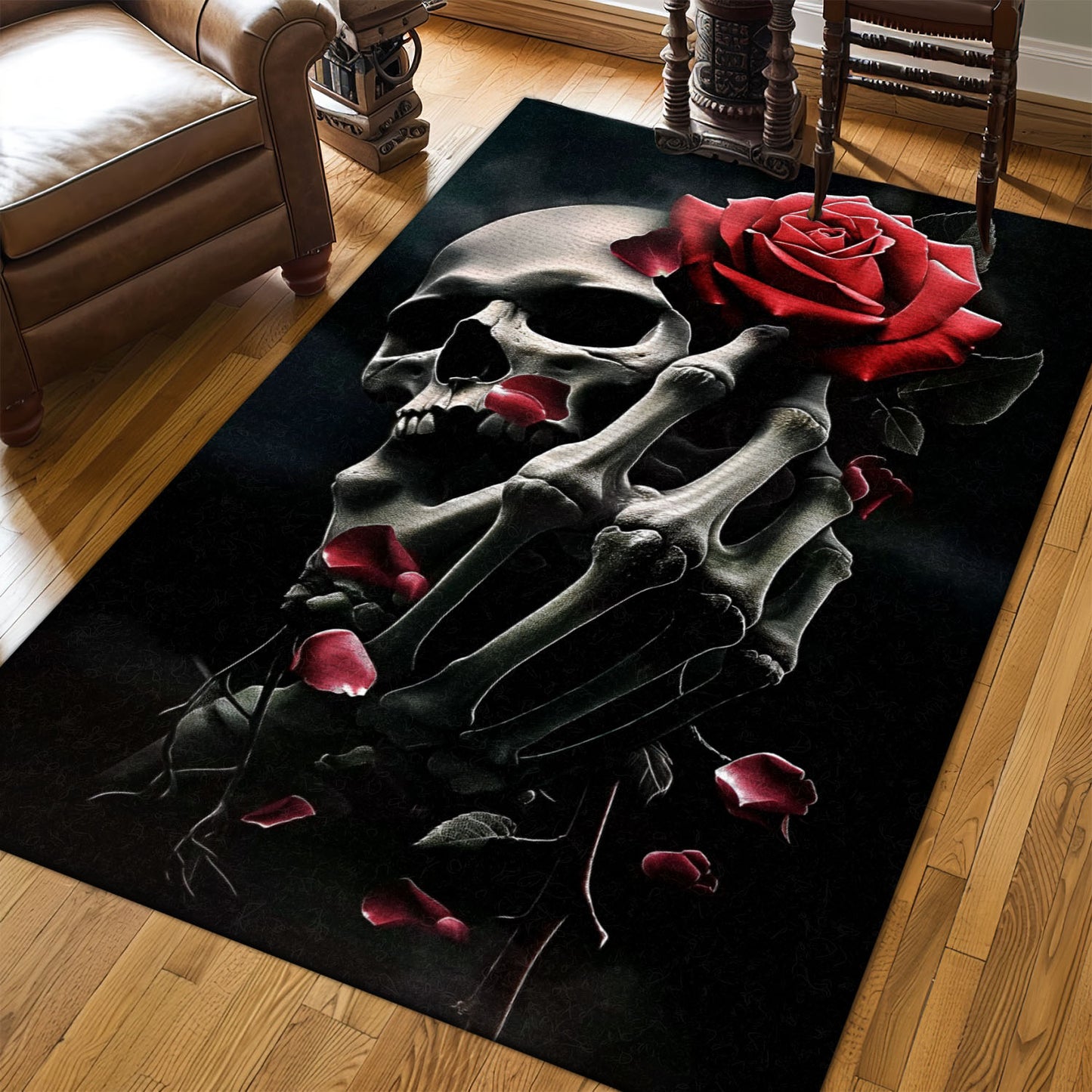 Elevate Your Home Decor with a Handbone and Rose Skull Pattern Rug, Skull Rug, Area Rugs 5x8, 4x6, 3x5 Size for Living Room Bedroom Home Decorative Skull K08