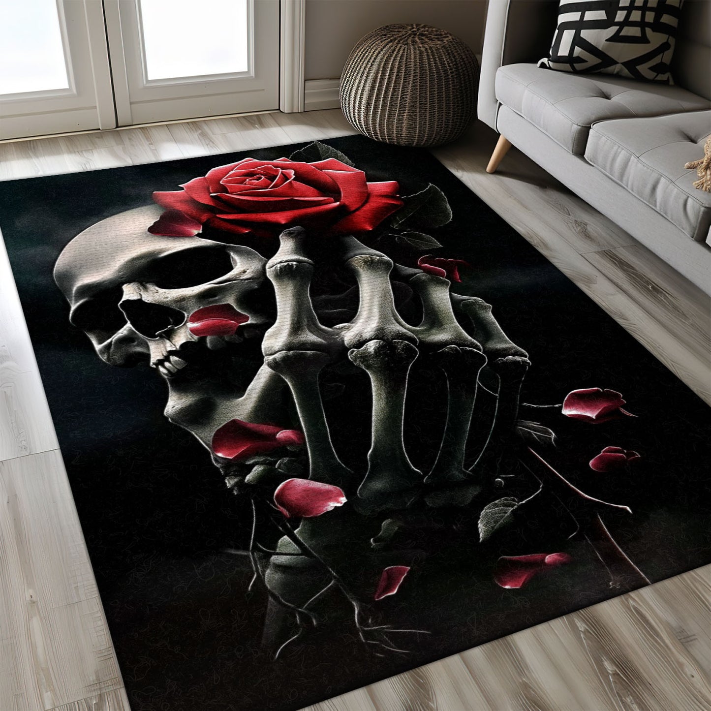 Elevate Your Home Decor with a Handbone and Rose Skull Pattern Rug, Skull Rug, Area Rugs 5x8, 4x6, 3x5 Size for Living Room Bedroom Home Decorative Skull K08