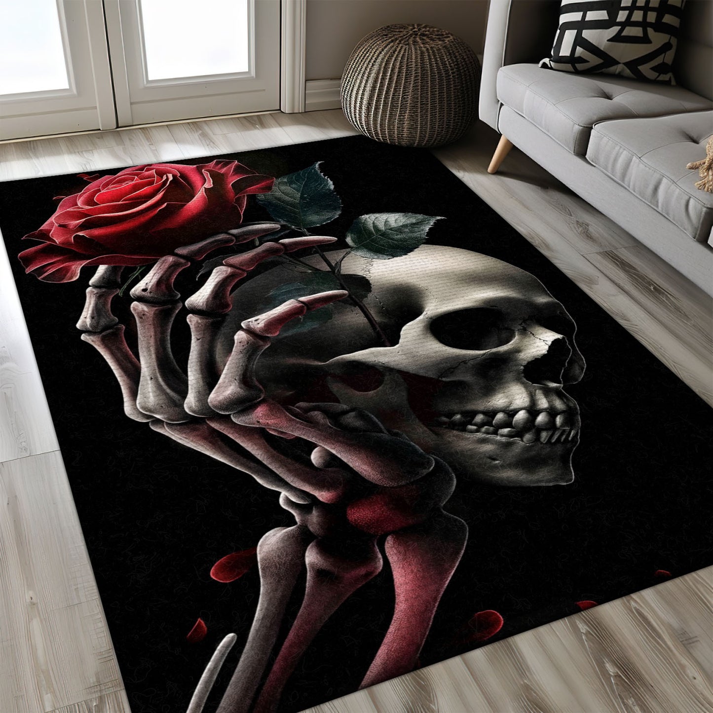 Express Your Unique Style with a Sugar Skull Rose and Handbone Pattern Rug, Skull Rug, Area Rugs 5x8, 4x6, 3x5 Size for Living Room Bedroom Home Decorative Skull K18