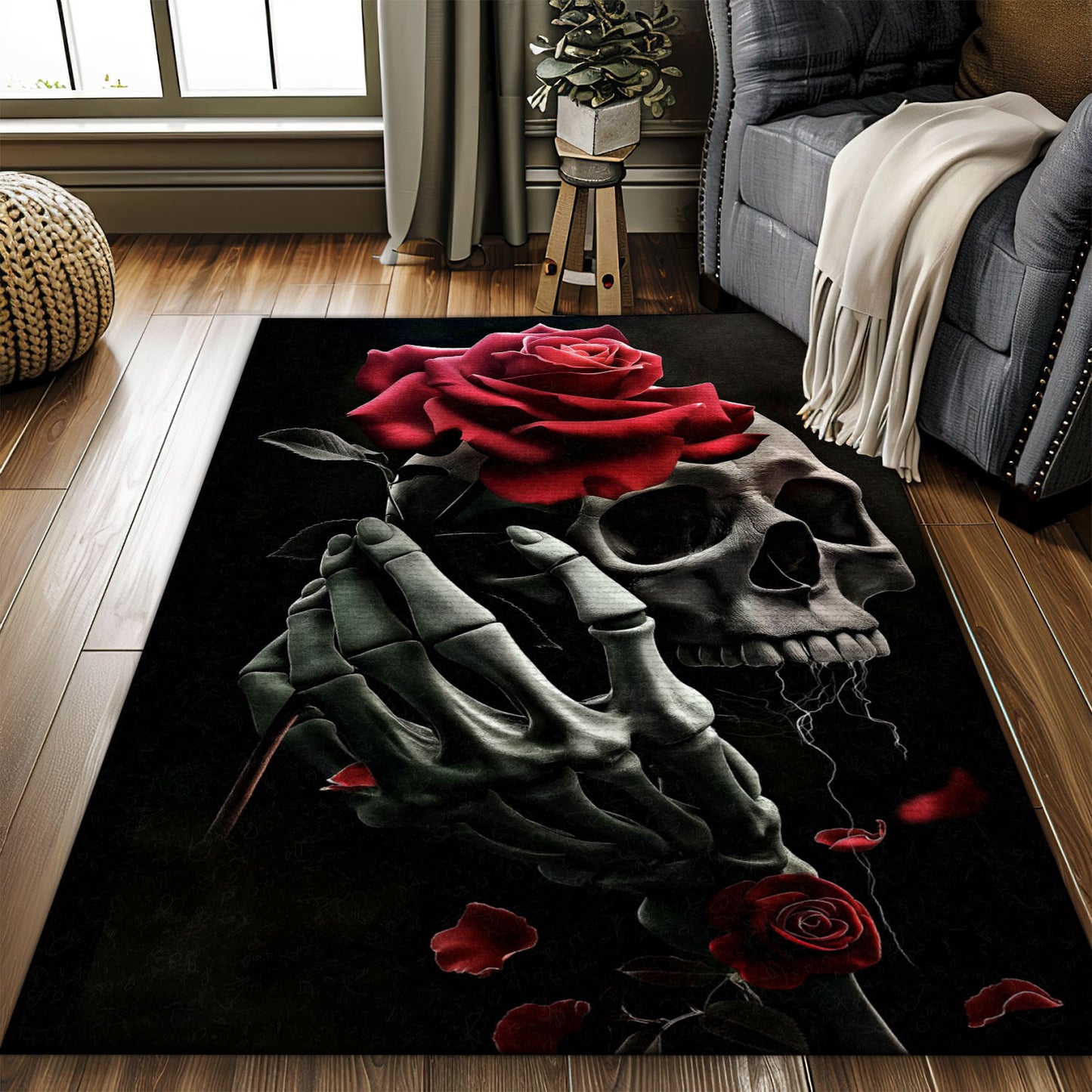 Make a Statement with the Sugar Skull Rose Theme Rug, Skull Rug, Area Rugs 5x8, 4x6, 3x5 Size for Living Room Bedroom Home Decorative Skull K06