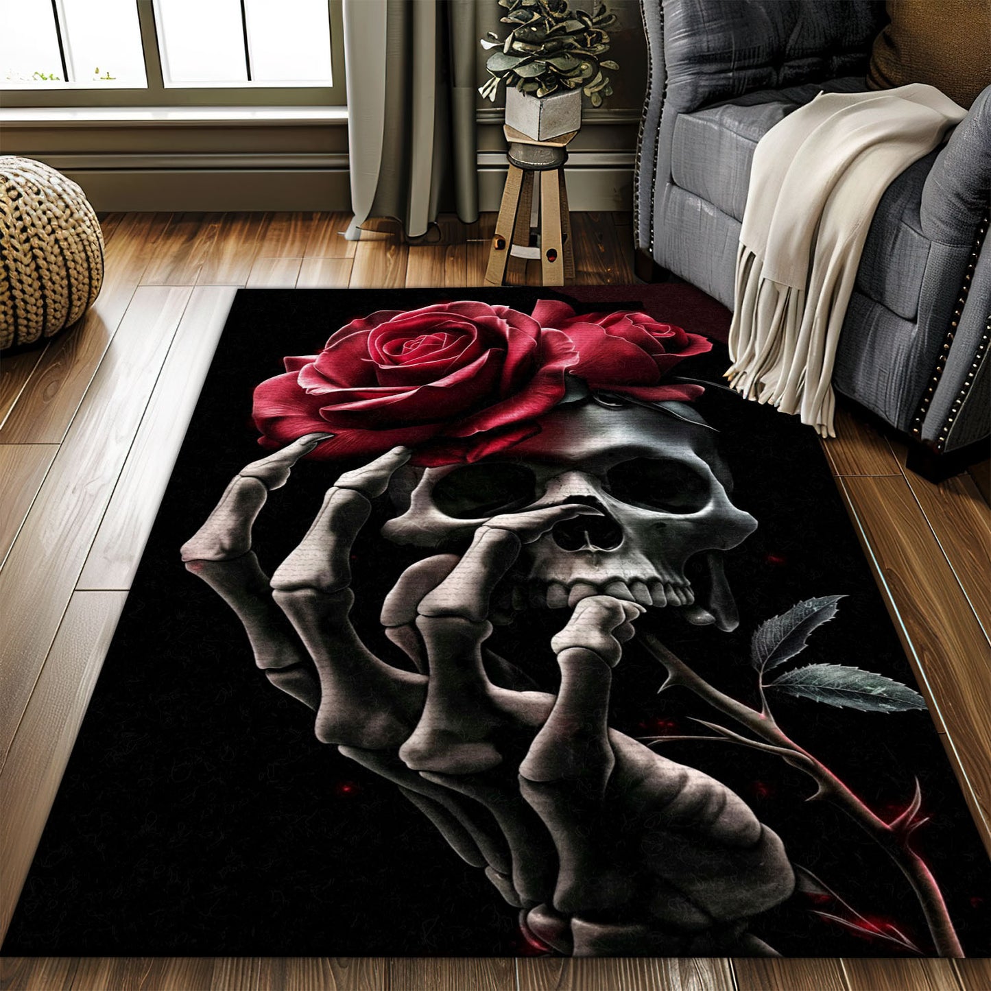Personalized Sugar Skull Rose Area Rug: Vibrant Decor for Your Home, Skull Rug, Area Rugs 5x8, 4x6, 3x5 Size for Living Room Bedroom Home Decorative Skull K01