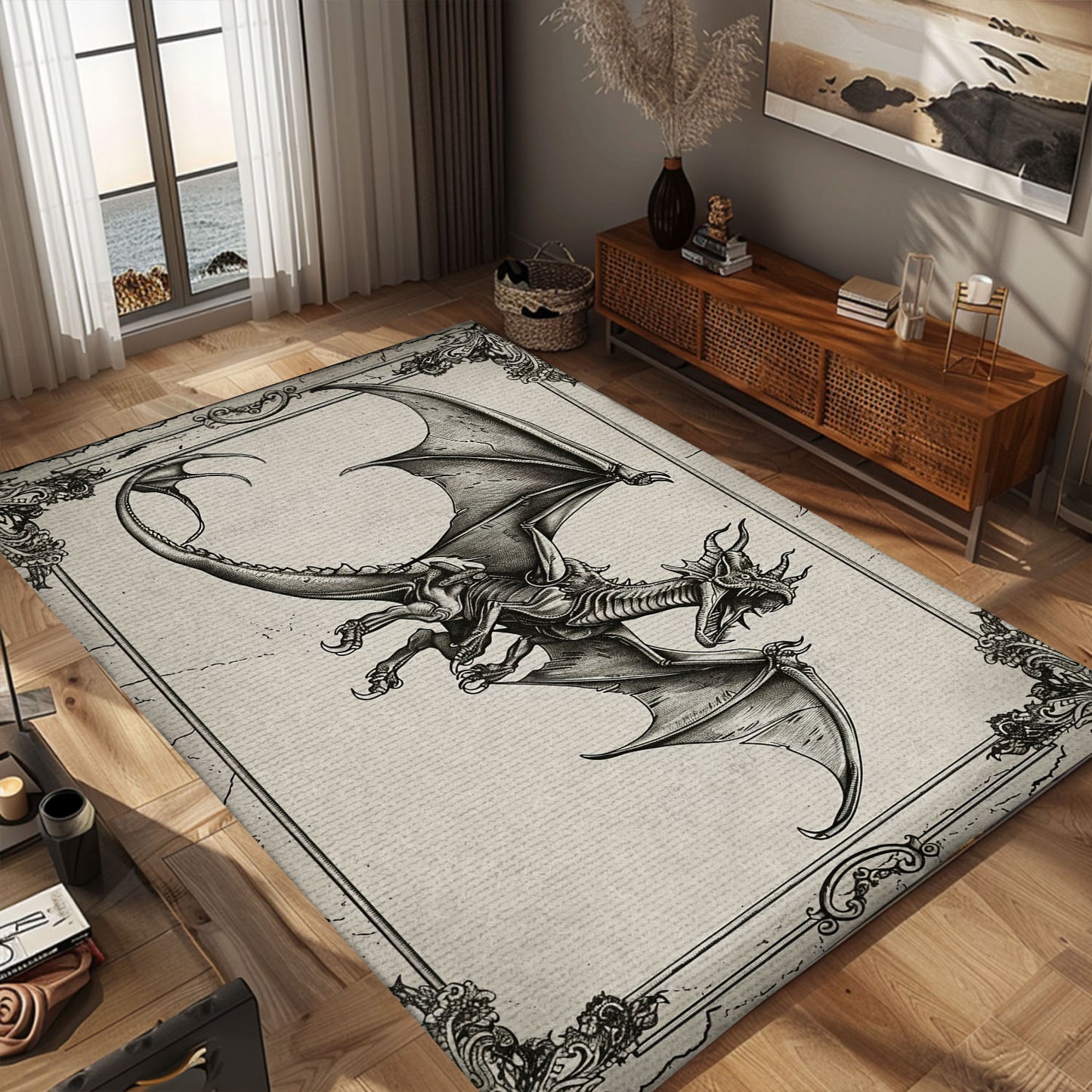 Enchanting Wyvern Dragon Area Rug with Four Legs and Long Tail, Ideal for Fantasy Lovers and Dragon Enthusiasts, Gift For Dragon Lovers, Personalized Dragon Rug for Living Room, Bedroom DG64
