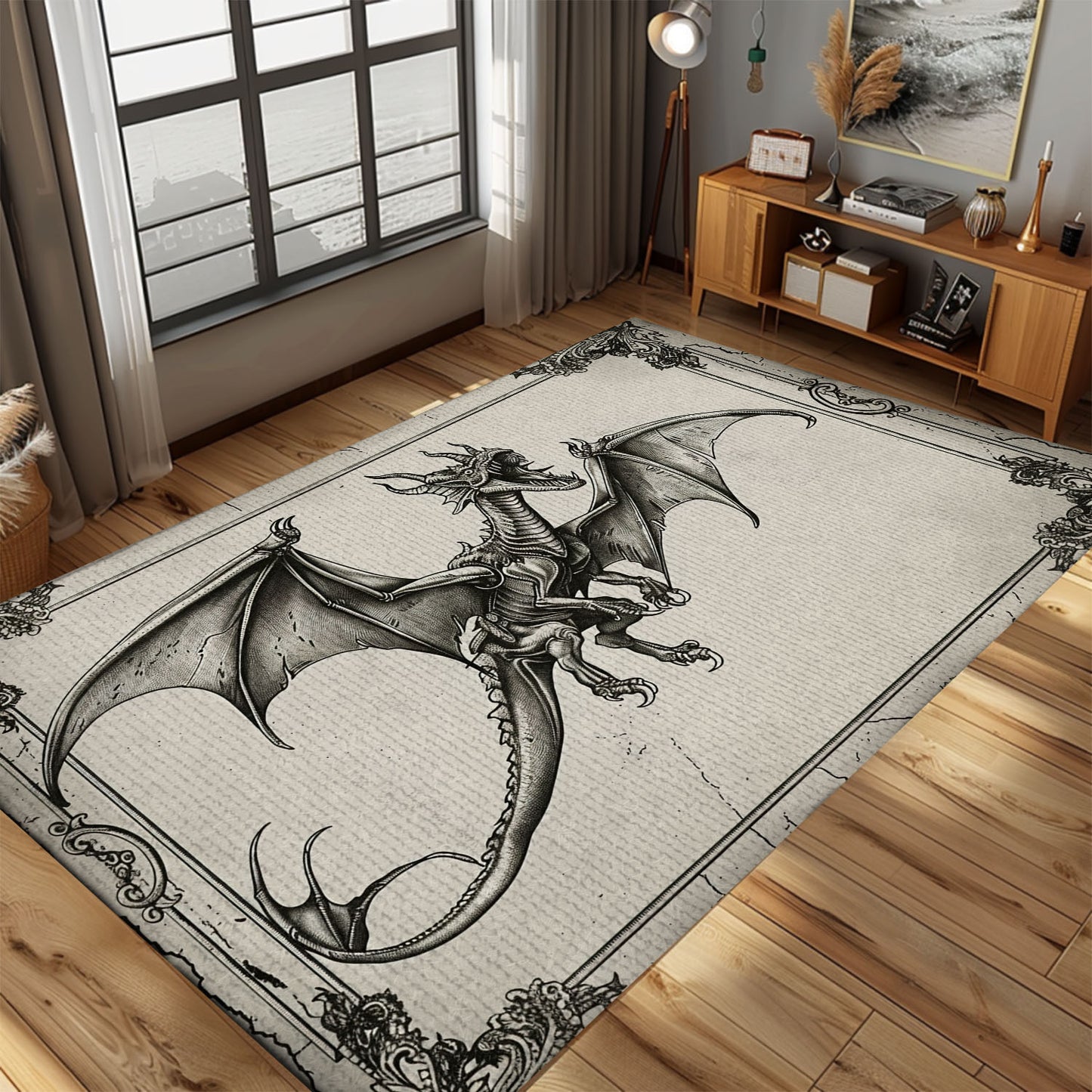 Enchanting Wyvern Dragon Area Rug with Four Legs and Long Tail, Ideal for Fantasy Lovers and Dragon Enthusiasts, Gift For Dragon Lovers, Personalized Dragon Rug for Living Room, Bedroom DG64