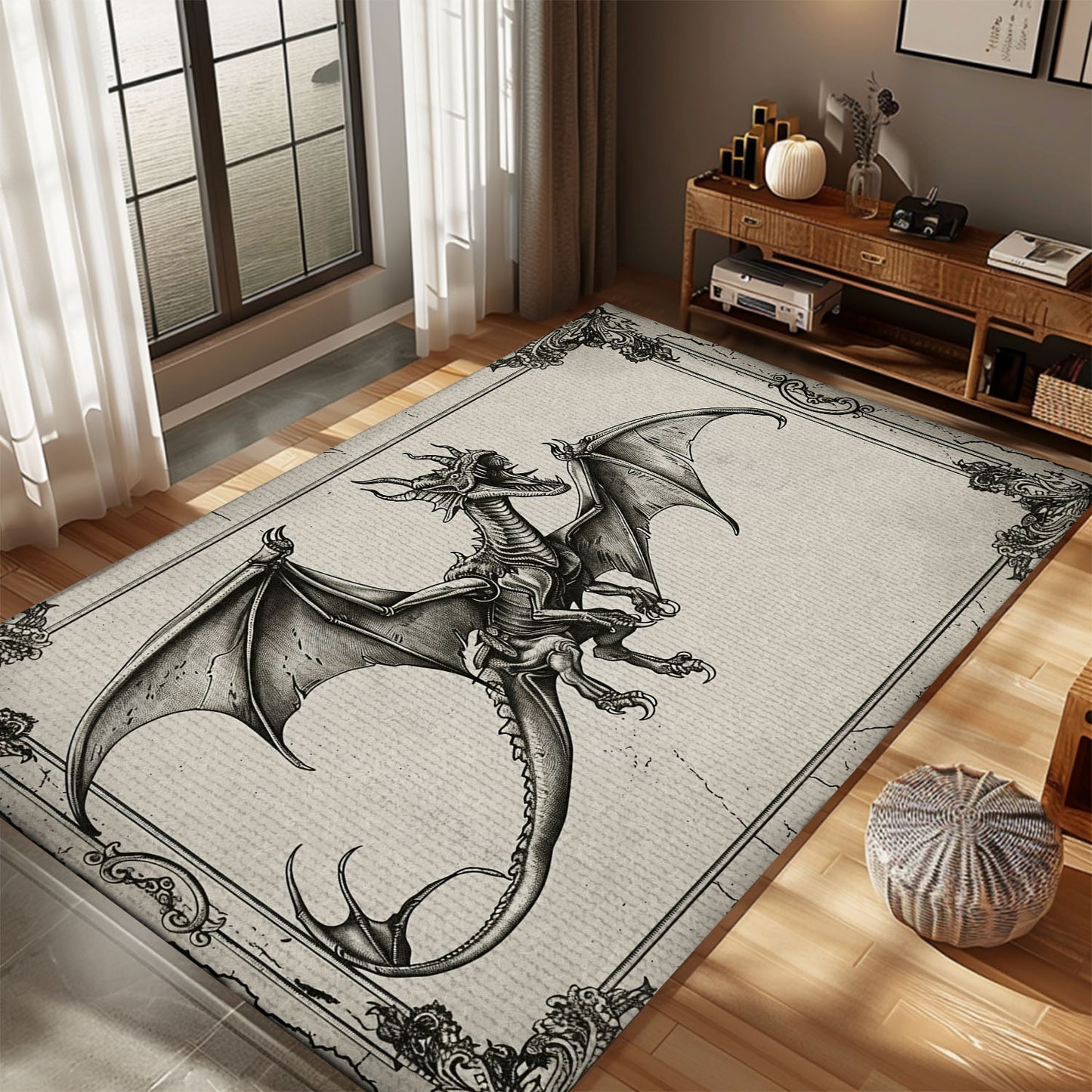 Enchanting Wyvern Dragon Area Rug with Four Legs and Long Tail, Ideal for Fantasy Lovers and Dragon Enthusiasts, Gift For Dragon Lovers, Personalized Dragon Rug for Living Room, Bedroom DG64