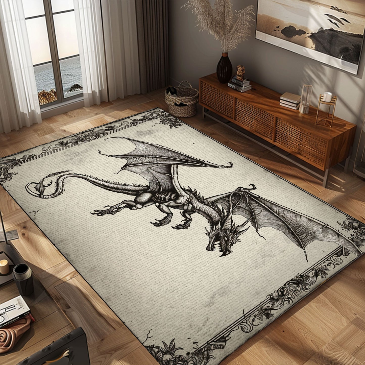 Majestic Wyvern Dragon with Four Legs and Long Tail, Stunning Area Rug for Mythical and Fantasy Home Interiors, Gift For Dragon Lovers, Personalized Dragon Rug for Living Room, Bedroom DG63