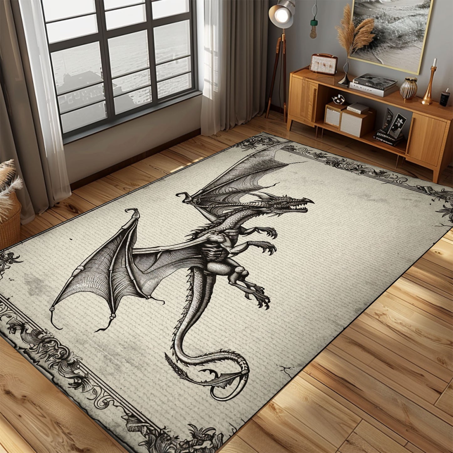 Majestic Wyvern Dragon with Four Legs and Long Tail, Stunning Area Rug for Mythical and Fantasy Home Interiors, Gift For Dragon Lovers, Personalized Dragon Rug for Living Room, Bedroom DG63