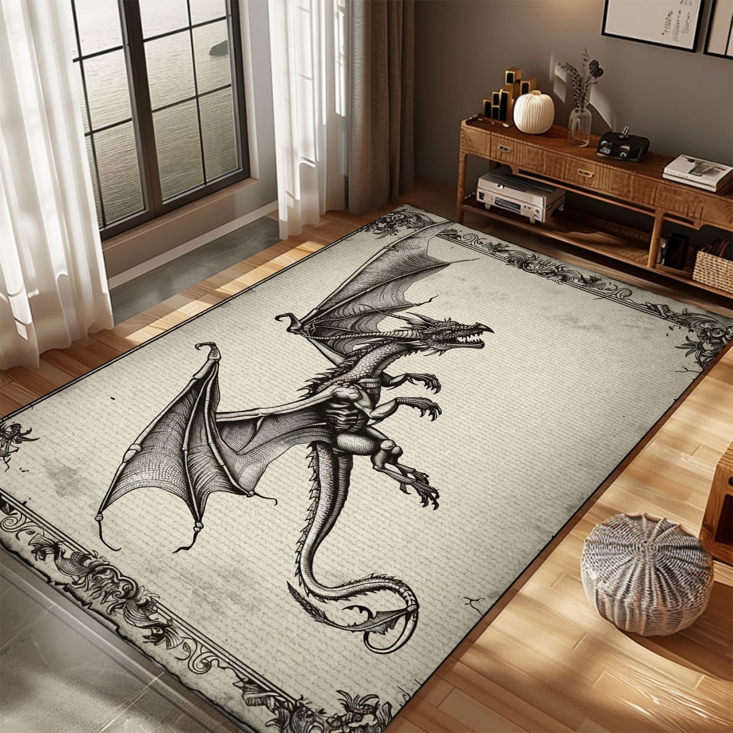 Majestic Wyvern Dragon with Four Legs and Long Tail, Stunning Area Rug for Mythical and Fantasy Home Interiors, Gift For Dragon Lovers, Personalized Dragon Rug for Living Room, Bedroom DG63