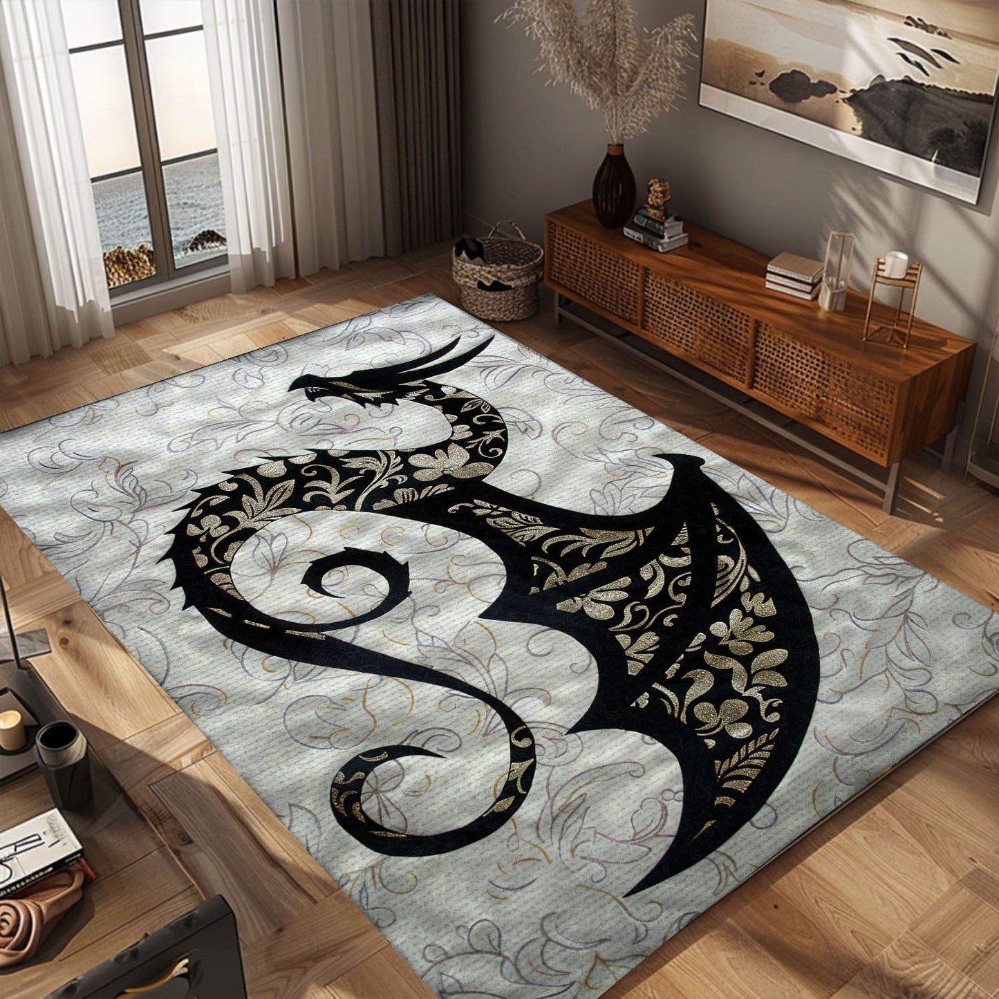 Modern Silhouetted Dragon Area Rug, Featuring a Stylized Design for a Chic and Enchanting Home Interior, Gift For Dragon Lovers, Personalized Dragon Rug for Living Room, Bedroom DG116