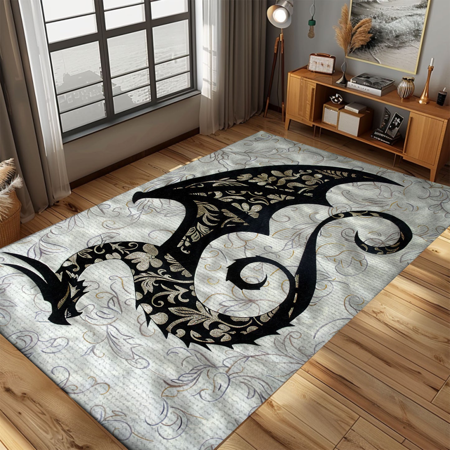 Modern Silhouetted Dragon Area Rug, Featuring a Stylized Design for a Chic and Enchanting Home Interior, Gift For Dragon Lovers, Personalized Dragon Rug for Living Room, Bedroom DG116