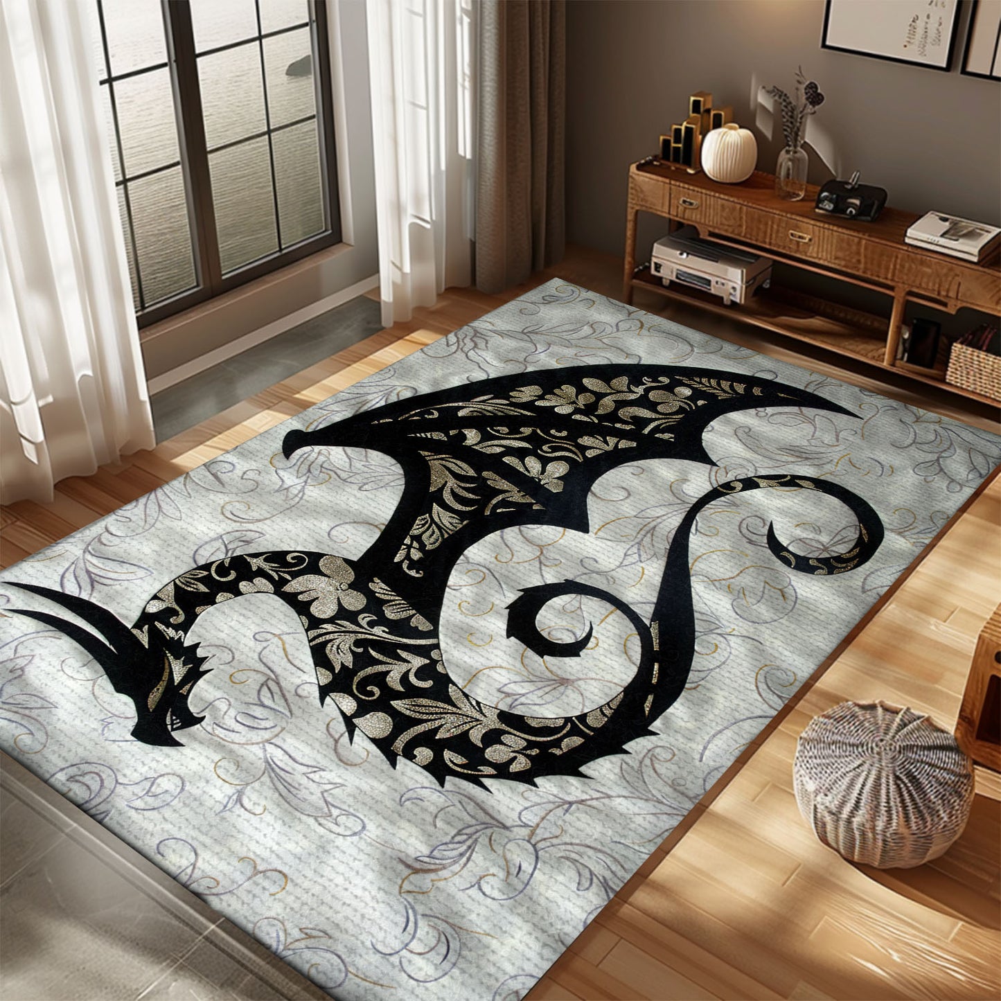 Modern Silhouetted Dragon Area Rug, Featuring a Stylized Design for a Chic and Enchanting Home Interior, Gift For Dragon Lovers, Personalized Dragon Rug for Living Room, Bedroom DG116