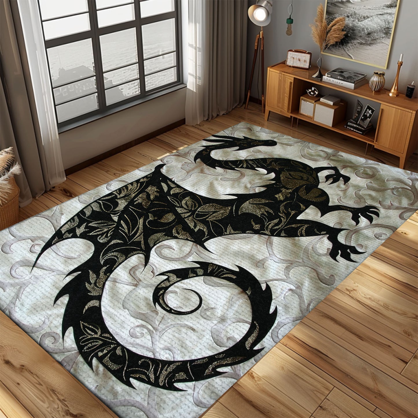 Silhouetted Dragon in a Stylized Form Area Rug, Perfect for Adding Modern Mythical Charm to Your Home Decor, Gift For Dragon Lovers, Personalized Dragon Rug for Living Room, Bedroom DG113