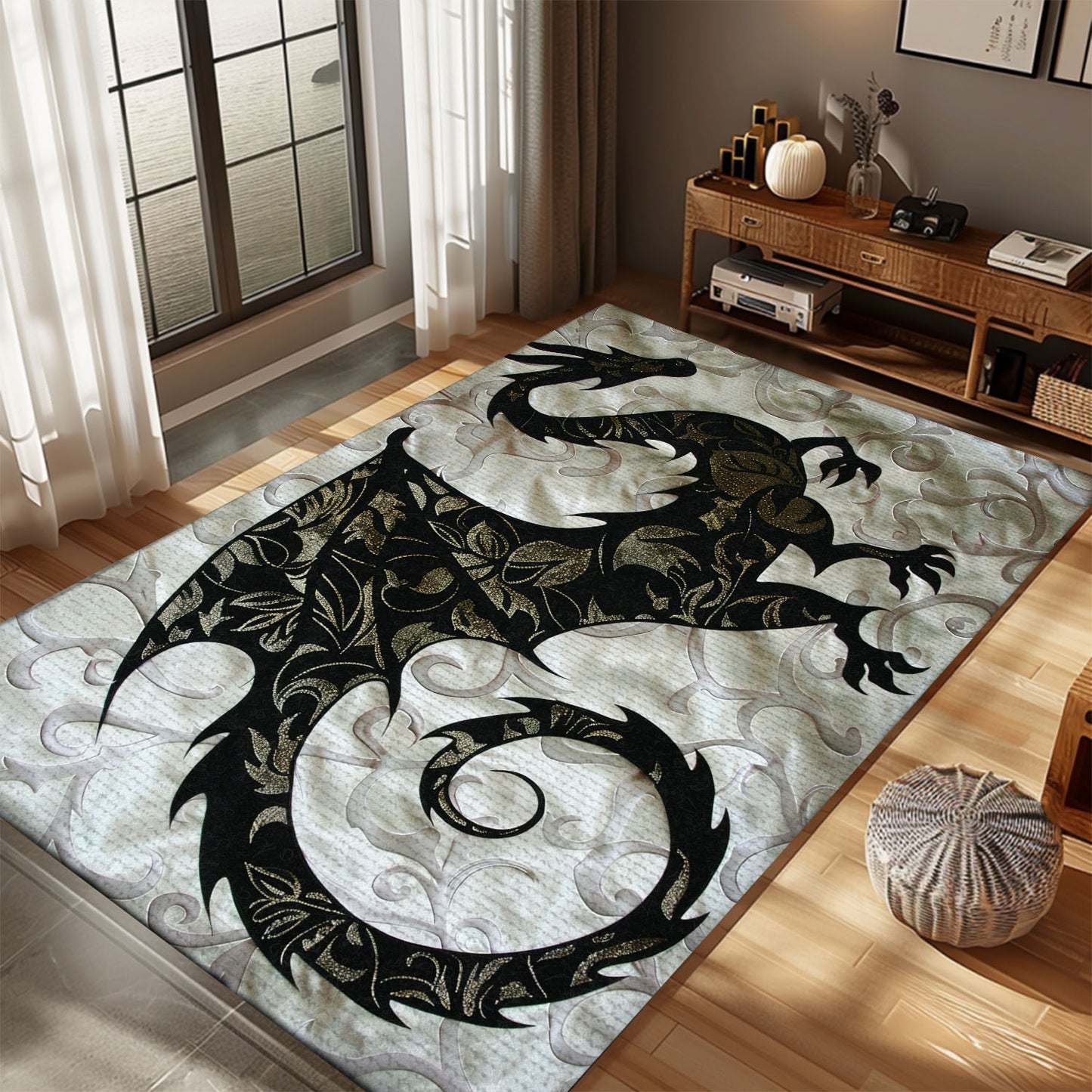 Silhouetted Dragon in a Stylized Form Area Rug, Perfect for Adding Modern Mythical Charm to Your Home Decor, Gift For Dragon Lovers, Personalized Dragon Rug for Living Room, Bedroom DG113