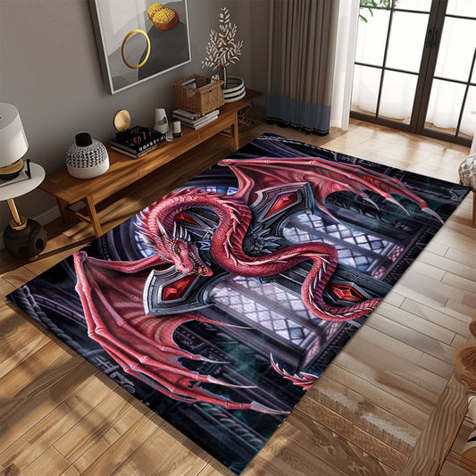 Red Dragon Coiled Around an Ornate Gothic-Style Silver Cross Area Rug, Adding a Mystical Touch to Your Space, Gift For Dragon Lovers, Personalized Dragon Rug for Living Room, Bedroom DG112