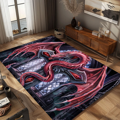 Red Dragon Coiled Around an Ornate Gothic-Style Silver Cross Area Rug, Adding a Mystical Touch to Your Space, Gift For Dragon Lovers, Personalized Dragon Rug for Living Room, Bedroom DG112