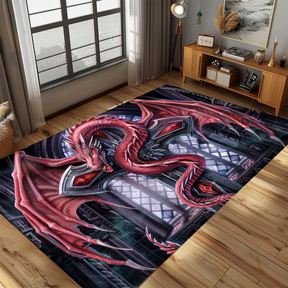 Red Dragon Coiled Around an Ornate Gothic-Style Silver Cross Area Rug, Adding a Mystical Touch to Your Space, Gift For Dragon Lovers, Personalized Dragon Rug for Living Room, Bedroom DG112