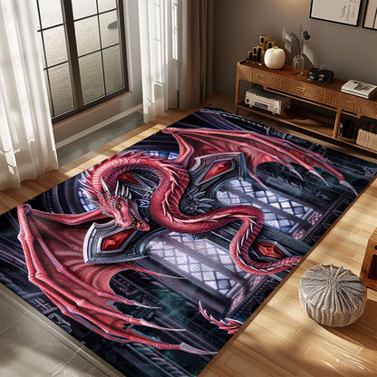 Red Dragon Coiled Around an Ornate Gothic-Style Silver Cross Area Rug, Adding a Mystical Touch to Your Space, Gift For Dragon Lovers, Personalized Dragon Rug for Living Room, Bedroom DG112