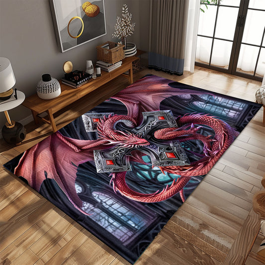 Striking Red Dragon Wrapped Around a Gothic Silver Cross Area Rug, Ideal for Dramatic and Unique Home Decor, Gift For Dragon Lovers, Personalized Dragon Rug for Living Room, Bedroom DG111