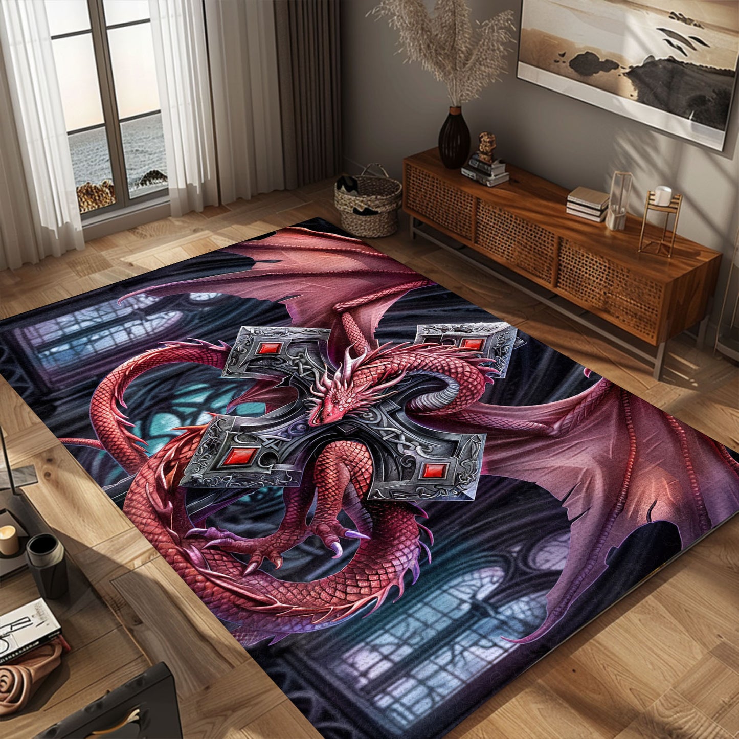 Striking Red Dragon Wrapped Around a Gothic Silver Cross Area Rug, Ideal for Dramatic and Unique Home Decor, Gift For Dragon Lovers, Personalized Dragon Rug for Living Room, Bedroom DG111
