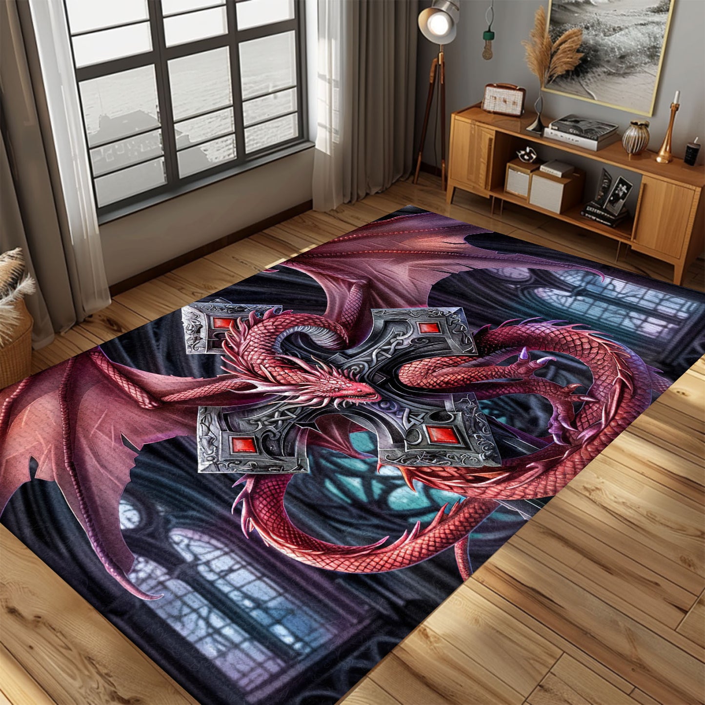 Striking Red Dragon Wrapped Around a Gothic Silver Cross Area Rug, Ideal for Dramatic and Unique Home Decor, Gift For Dragon Lovers, Personalized Dragon Rug for Living Room, Bedroom DG111