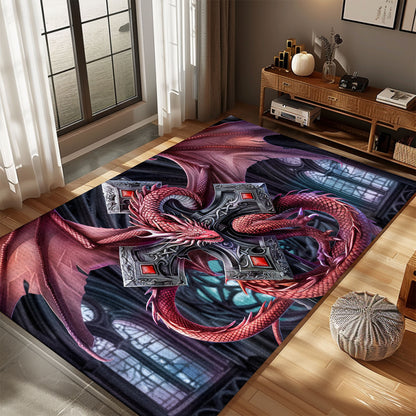 Striking Red Dragon Wrapped Around a Gothic Silver Cross Area Rug, Ideal for Dramatic and Unique Home Decor, Gift For Dragon Lovers, Personalized Dragon Rug for Living Room, Bedroom DG111