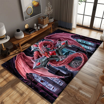 Fierce Red Dragon Coiled Around Ornate Silver Gothic-Style Cross Area Rug, Perfect for Gothic Fantasy Interiors, Gift For Dragon Lovers, Personalized Dragon Rug for Living Room, Bedroom DG110