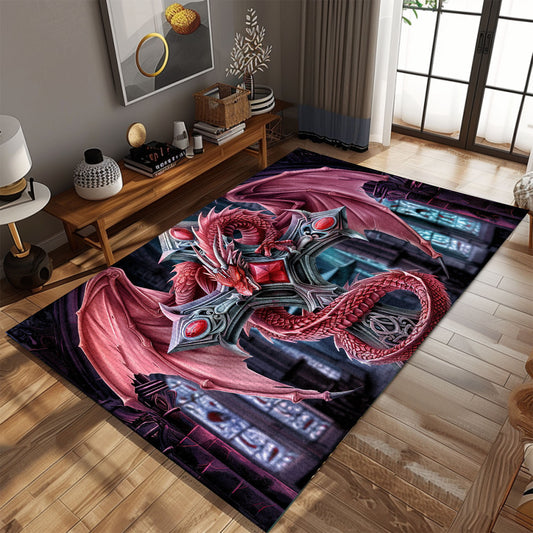 Fierce Red Dragon Coiled Around Ornate Silver Gothic-Style Cross Area Rug, Perfect for Gothic Fantasy Interiors, Gift For Dragon Lovers, Personalized Dragon Rug for Living Room, Bedroom DG110