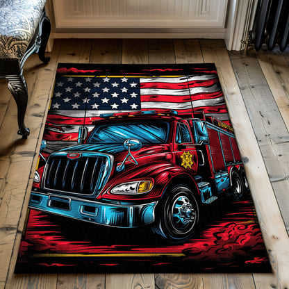 Bold Fire Truck in Front of the USA Flag Area Rug: Show Support for First Responders and Nation, Firefighter Rugs for Living Room Bedroom, Firefighter Rectangular Rugs Full Size FR60