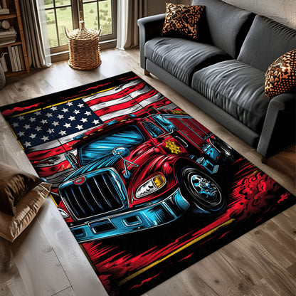 Bold Fire Truck in Front of the USA Flag Area Rug: Show Support for First Responders and Nation, Firefighter Rugs for Living Room Bedroom, Firefighter Rectangular Rugs Full Size FR60
