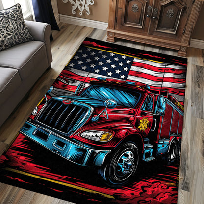 Bold Fire Truck in Front of the USA Flag Area Rug: Show Support for First Responders and Nation, Firefighter Rugs for Living Room Bedroom, Firefighter Rectangular Rugs Full Size FR60