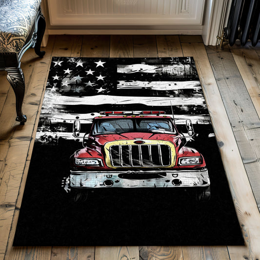 Patriotic Firefighter America Flag Personalized Rug: Symbolize Dedication to Service and Country, Firefighter Rugs for Living Room Bedroom, Firefighter Rectangular Rugs Full Size FR59