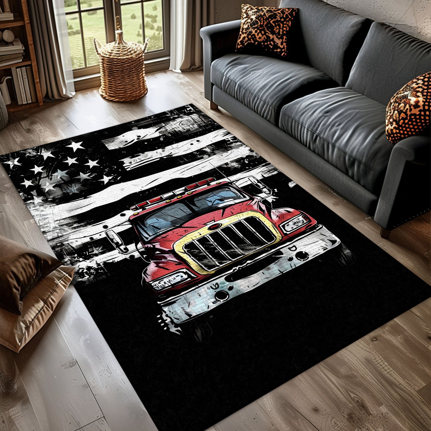 Patriotic Firefighter America Flag Personalized Rug: Symbolize Dedication to Service and Country, Firefighter Rugs for Living Room Bedroom, Firefighter Rectangular Rugs Full Size FR59