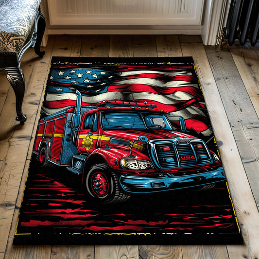 Dynamic Fire Truck in Front of the USA Flag Custom Carpet: Honor Firefighters and Country, Firefighter Rugs for Living Room Bedroom, Firefighter Rectangular Rugs Full Size FR57