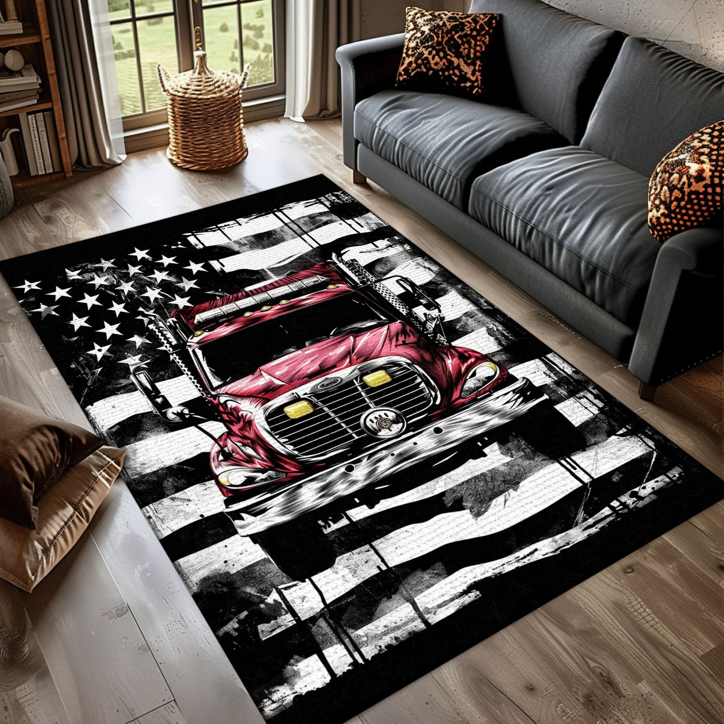 Courageous Firefighter America Flag Design Personalized Rug: Showcase Patriotism and Heroism, Firefighter Rugs for Living Room Bedroom, Firefighter Rectangular Rugs Full Size FR56